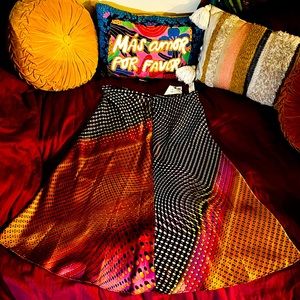 Multi colored, patterned, 3/4 length skirt, satin feel, A line, easy side zip